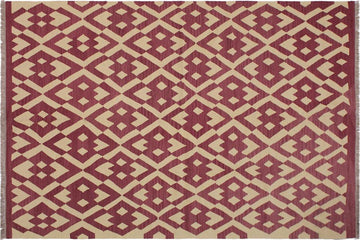Flat Weave Kilim, Antique, Navaho, Vintage, Handmade, Modern Kilim Burgundy Beige Hand-Woven Rectangle 100% Wool Area Rug 6 x 8